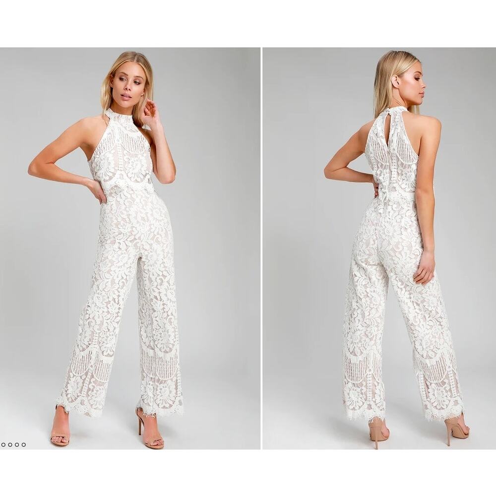 White NWT Bridal Lulus Britney White Lace Halter Jumpsuit Medium